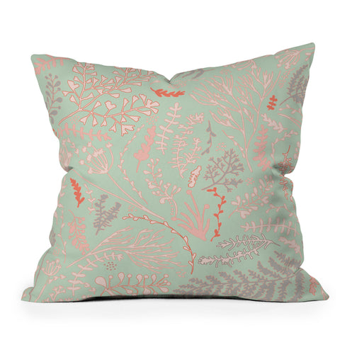 Monika Strigel HERBS AND FERNS GREEN AND CORAL Outdoor Throw Pillow