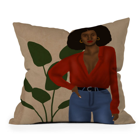 nawaalillustrations girl in red Outdoor Throw Pillow