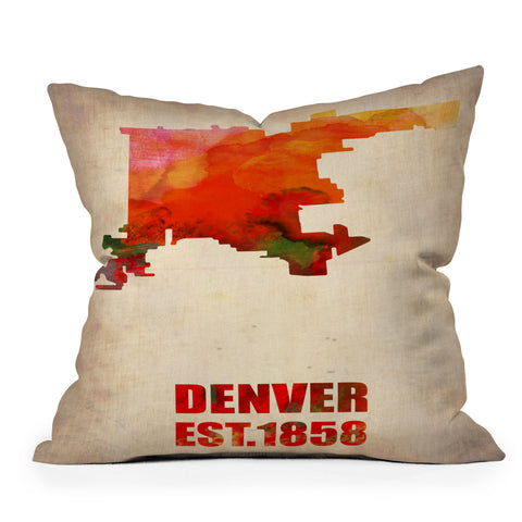 Naxart Denver Watercolor Map Outdoor Throw Pillow