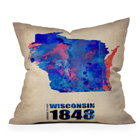 Naxart Wisconsin Watercolor Map Outdoor Throw Pillow