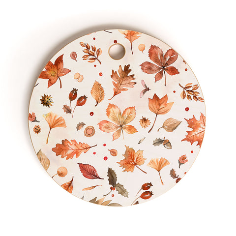 Ninola Design Autumn Leaves Watercolor Ginger Gold Cutting Board Round