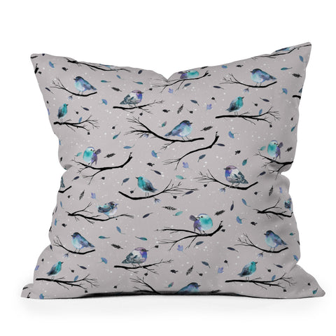 Ninola Design Birds Tree Snow Gray Outdoor Throw Pillow
