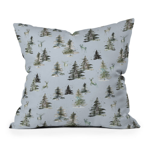 Ninola Design Deers and trees forest Blue Outdoor Throw Pillow
