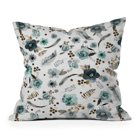 Ninola Design Feathers and flowers Romance Aqua Gold Outdoor Throw Pillow