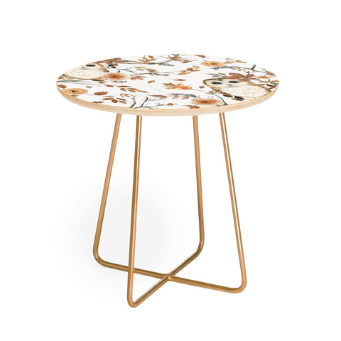 Ninola Design Forest Owls Trees Gold Round Side Table
