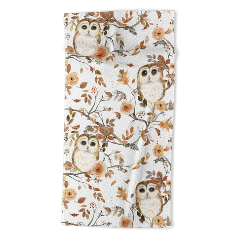Ninola Design Forest Owls Trees Gold Beach Towel
