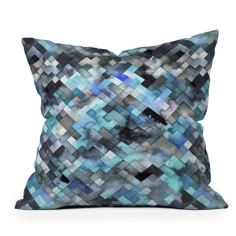 Ninola Design Moody Geometry Blue Sea Outdoor Throw Pillow