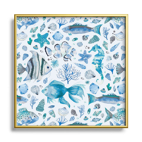 Ninola Design Sea Fishes Shells Aqua Square Metal Framed Art Print