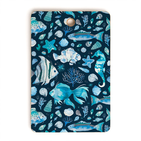 Ninola Design Sea Fishes Shells Blue Cutting Board Rectangle