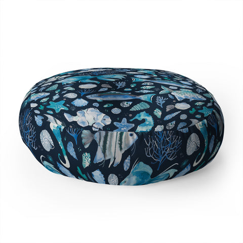 Ninola Design Sea Fishes Shells Blue Floor Pillow Round