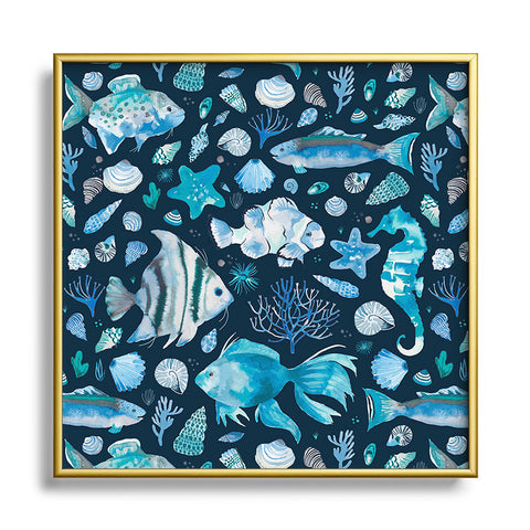 Ninola Design Sea Fishes Shells Blue Square Metal Framed Art Print