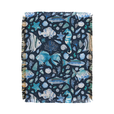 Ninola Design Sea Fishes Shells Blue Throw Blanket