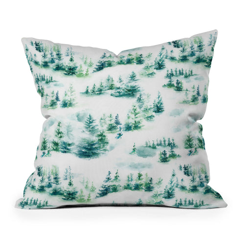 Ninola Design Snow Winter Trees Green Outdoor Throw Pillow
