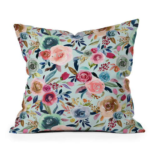 Ninola Design Sweet Romance Flowers Blue Outdoor Throw Pillow