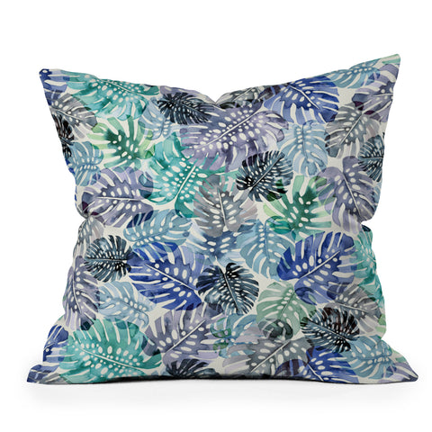 Ninola Design Tropical Jungle Leaves Blue Outdoor Throw Pillow