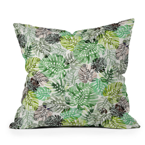 Ninola Design Tropical Jungle Monstera Leaves Green Outdoor Throw Pillow