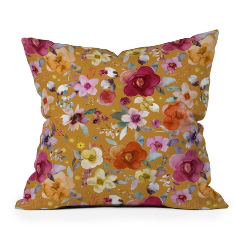 Ninola Design Watercolor flowers bouquet Mustard Outdoor Throw Pillow