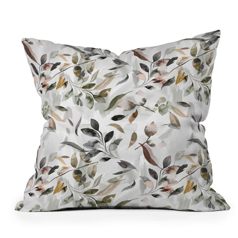 Ninola Design Watercolor Leaves Green gray Outdoor Throw Pillow