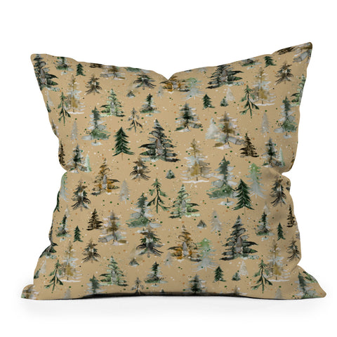 Ninola Design Watercolor Pines Spruces Beige Outdoor Throw Pillow