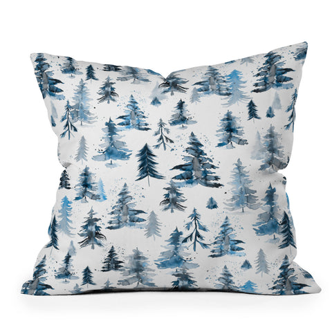 Ninola Design Watercolor Pines Spruces Blue Outdoor Throw Pillow