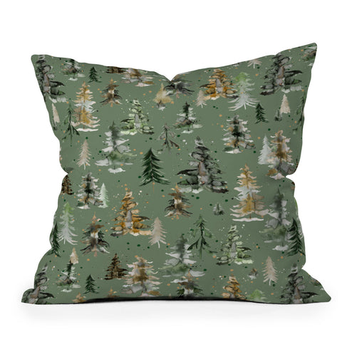 Ninola Design Watercolor Pines Spruces Green Outdoor Throw Pillow