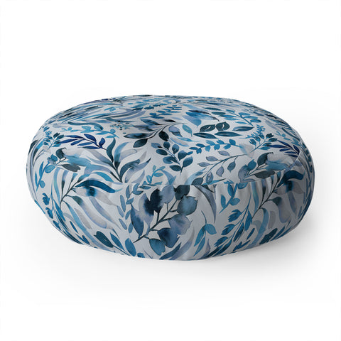 Ninola Design Watercolor Relax Blue Leaves Floor Pillow Round