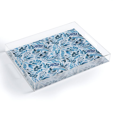 Ninola Design Watercolor Relax Blue Leaves Acrylic Tray