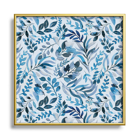 Ninola Design Watercolor Relax Blue Leaves Square Metal Framed Art Print