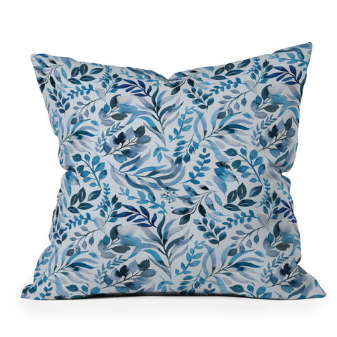 Ninola Design Watercolor Relax Blue Leaves Outdoor Throw Pillow