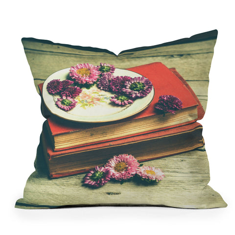 Olivia St Claire Old Books and Asters Outdoor Throw Pillow