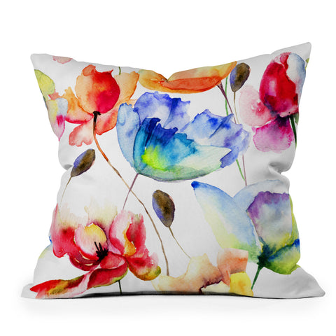 PI Photography and Designs Poppy Tulip Watercolor Pattern Outdoor Throw Pillow