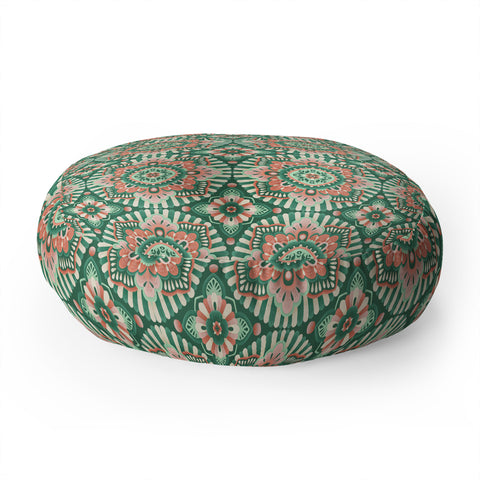 Pimlada Phuapradit Floral Mandala Tiles Green Floor Pillow Round