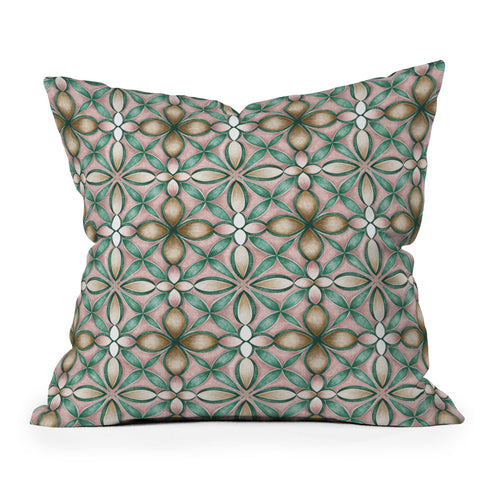 Pimlada Phuapradit Floral tile pink and green Outdoor Throw Pillow