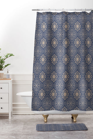 Pimlada Phuapradit Floral Tiles 9 Cyan Blue Shower Curtain And Mat