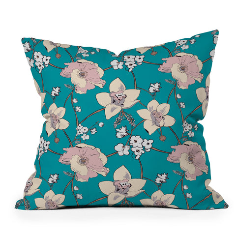 Rachelle Roberts Painted Poppy In Turquoise Outdoor Throw Pillow