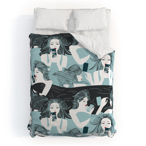 Raven Jumpo Texting in Bed Duvet Cover
