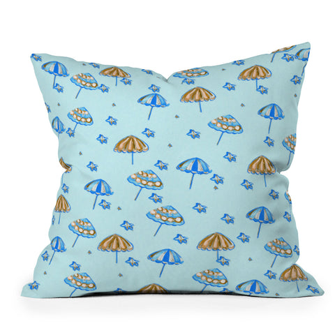 Renie Britenbucher Beach Umbrellas And Starfish Light Blue Outdoor Throw Pillow