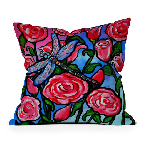 Renie Britenbucher Roses and Dragonfly Outdoor Throw Pillow