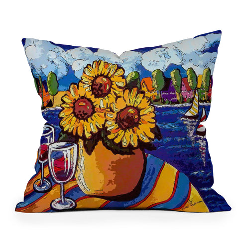 Renie Britenbucher Wine Sunflowers and Sailboats Outdoor Throw Pillow