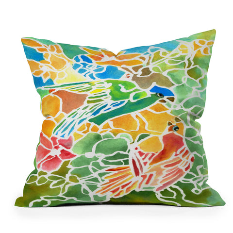 Rosie Brown Parakeets Stain Glass Outdoor Throw Pillow