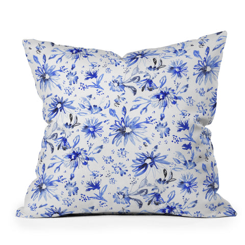 Schatzi Brown Lovely Floral White Blue Outdoor Throw Pillow