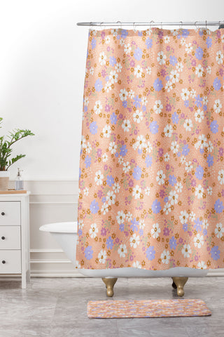 Schatzi Brown Macy Floral Peach Shower Curtain And Mat