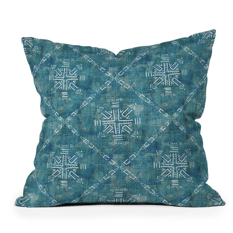 Schatzi Brown Mudcloth 4 Turquoise Outdoor Throw Pillow