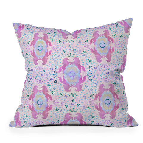 Schatzi Brown Unicorn Damask Pink Outdoor Throw Pillow