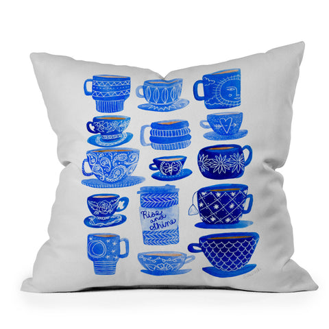 Sewzinski Teacups and Mugs in Blues Outdoor Throw Pillow