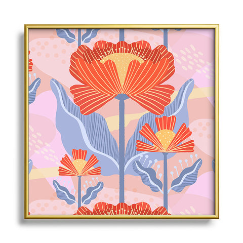 Sewzinski Water Lilies Pattern Red Square Metal Framed Art Print