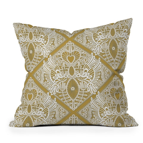 Sharon Turner love bird lace gold Outdoor Throw Pillow