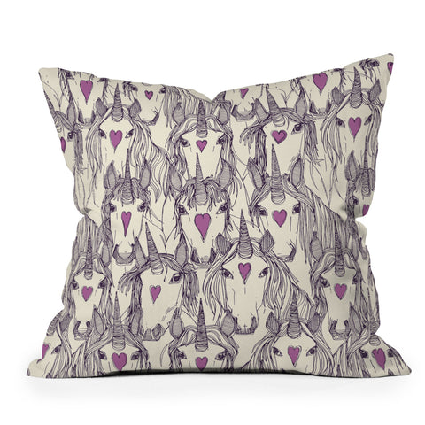 Sharon Turner unicorn love purple Outdoor Throw Pillow