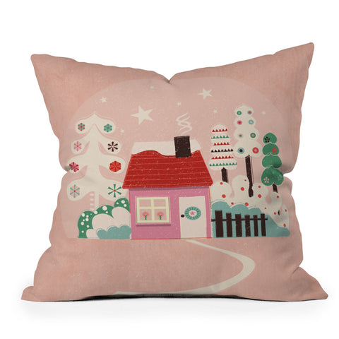 Showmemars Festive Winter Hut in pink Throw Pillow