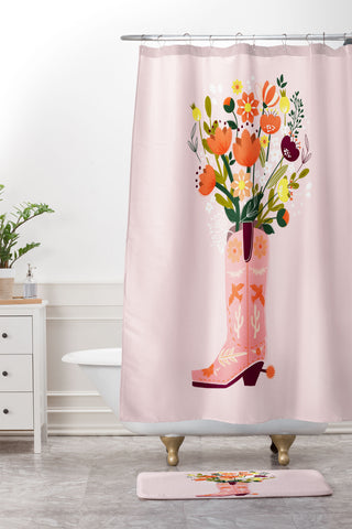 Showmemars Pink Cowboy Boot and Wild Flowers Shower Curtain And Mat